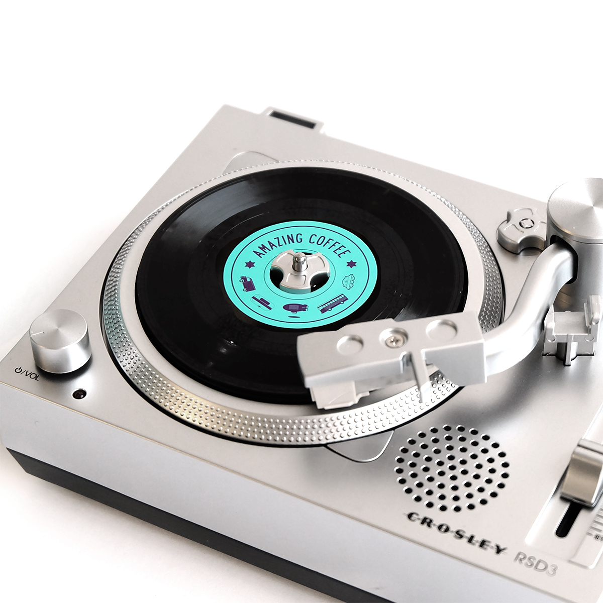 This new translucent mini-turntable plays 3” records